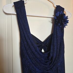 NWT Elegant Blue Sleeveless And Backless Sparkle Dress with Floral Accent